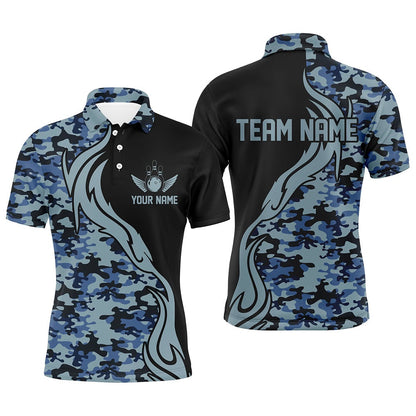 Custom Bowling Polo Shirts, Blue Camo Custom Army Bowling Team Shirts Personalized Bowling League Shirts For Men
