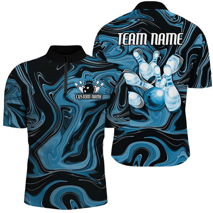 Custom Bowling Polo Shirts, Blue Camo Custom Bowling Team Shirts For Men And Women, Bowling Tournament Jerseys