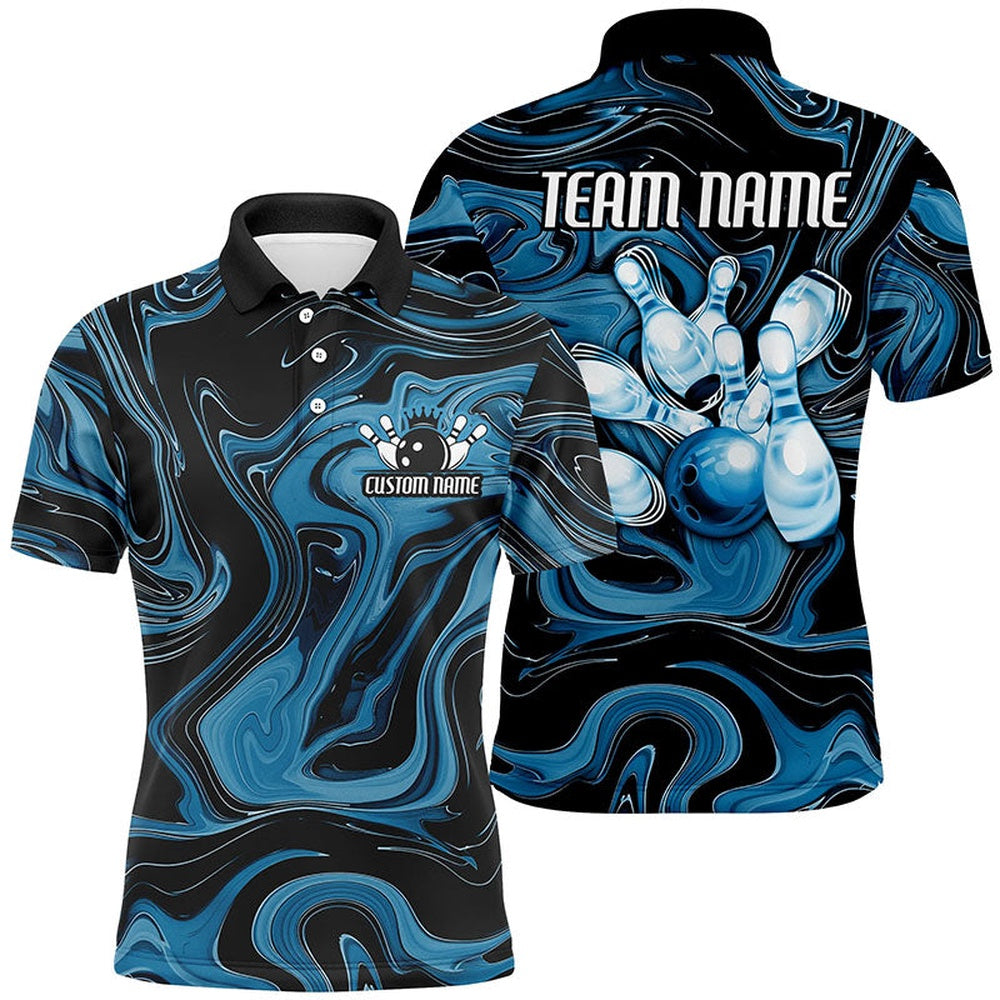 Custom Bowling Polo Shirts, Blue Camo Custom Bowling Team Shirts For Men And Women, Bowling Tournament Jerseys
