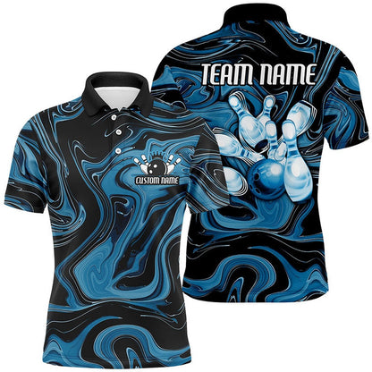 Custom Bowling Polo Shirts, Blue Camo Custom Bowling Team Shirts For Men And Women, Bowling Tournament Jerseys