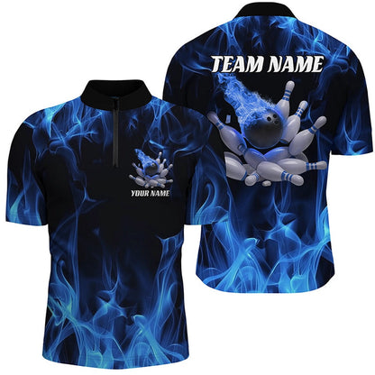 Custom Bowling Polo Shirts, Blue Fire Bowling Ball And Pins Custom Shirts For Men And Women, Flame Bowling Team Jerseys