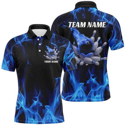 Custom Bowling Polo Shirts, Blue Fire Bowling Ball And Pins Custom Shirts For Men And Women, Flame Bowling Team Jerseys