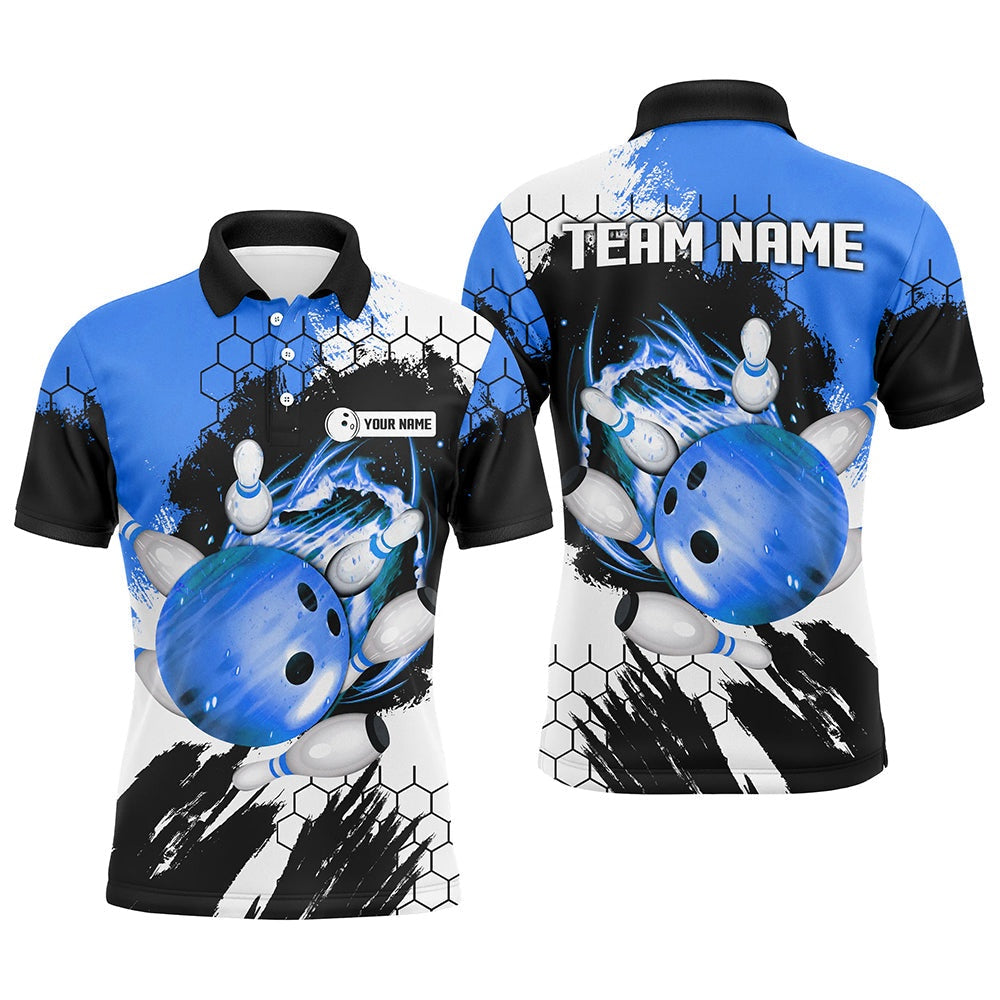Custom Bowling Polo Shirts, Blue Flame Bowling Ball And Pins Jerseys Custom Team League Bowling Polo Shirts For Men