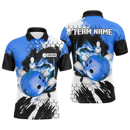 Custom Bowling Polo Shirts, Blue Flame Bowling Ball And Pins Jerseys Custom Team League Bowling Polo Shirts For Men