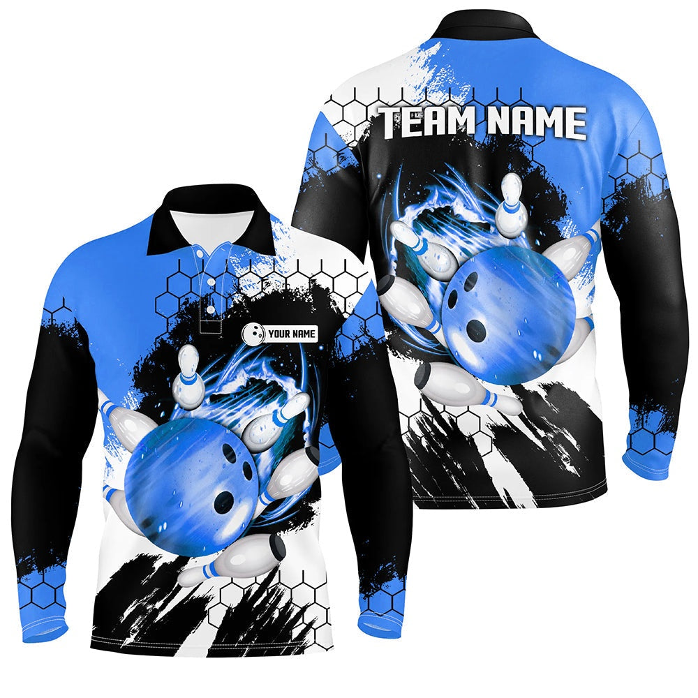 Custom Bowling Polo Shirts, Blue Flame Bowling Ball And Pins Jerseys Custom Team League Bowling Polo Shirts For Men