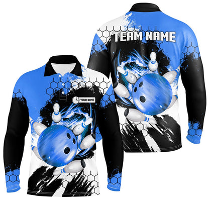 Custom Bowling Polo Shirts, Blue Flame Bowling Ball And Pins Jerseys Custom Team League Bowling Polo Shirts For Men