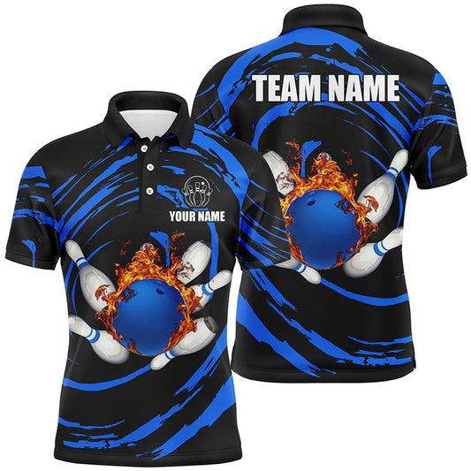 Custom Bowling Polo Shirts, Blue Flame Bowling Ball And Pins Mens Bowling Polo Shirts Custom Team Bowling Jerseys For Men