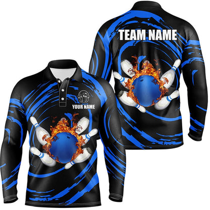 Custom Bowling Polo Shirts, Blue Flame Bowling Ball And Pins Mens Bowling Polo Shirts Custom Team Bowling Jerseys For Men