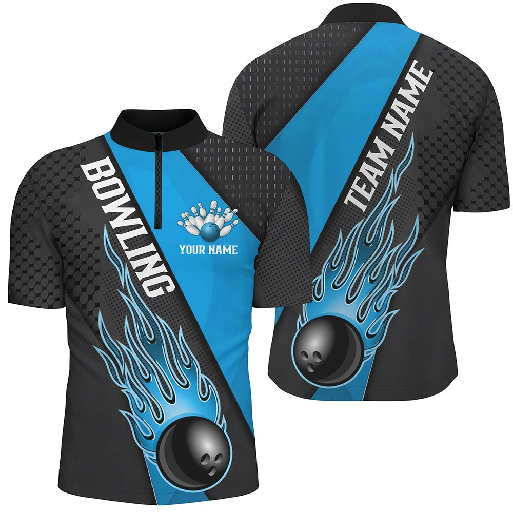 Custom Bowling Polo Shirts, Blue Flame Bowling Ball Custom Bowling Shirts For Men And Women, Bowling Team Jerseys