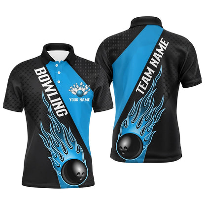 Custom Bowling Polo Shirts, Blue Flame Bowling Ball Custom Bowling Shirts For Men And Women, Bowling Team Jerseys