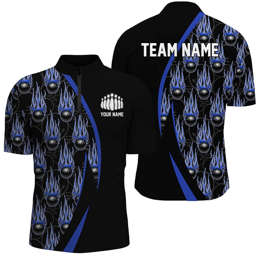Custom Bowling Polo Shirts, Blue Flame Bowling Ball Pattern Custom Bowling Shirts For Men, Fire Bowling League Outfits