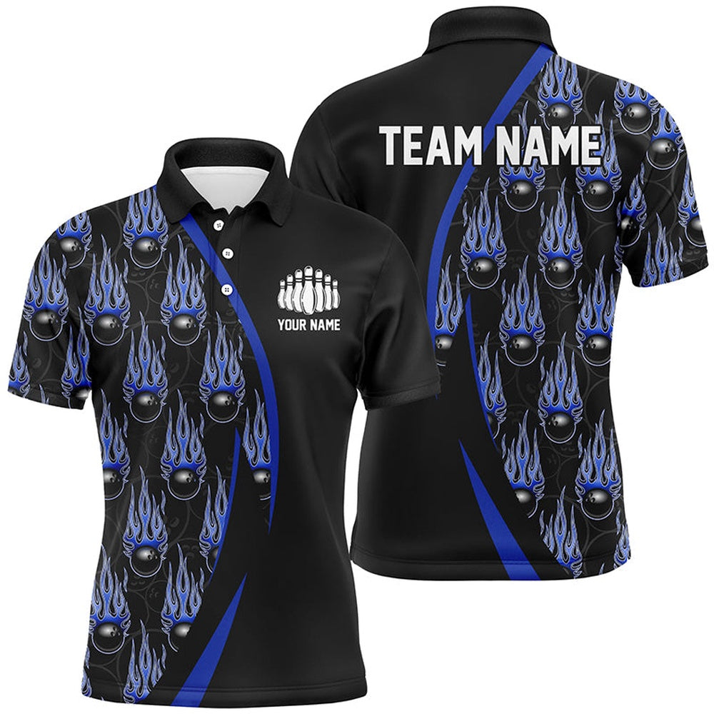 Custom Bowling Polo Shirts, Blue Flame Bowling Ball Pattern Custom Bowling Shirts For Men, Fire Bowling League Outfits
