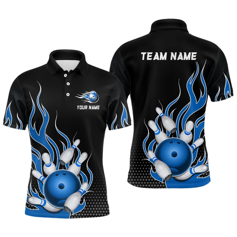 Custom Bowling Polo Shirts, Blue Flame Bowling Polo Shirts For Men And Women Custom Bowling Team Jerseys Unisex