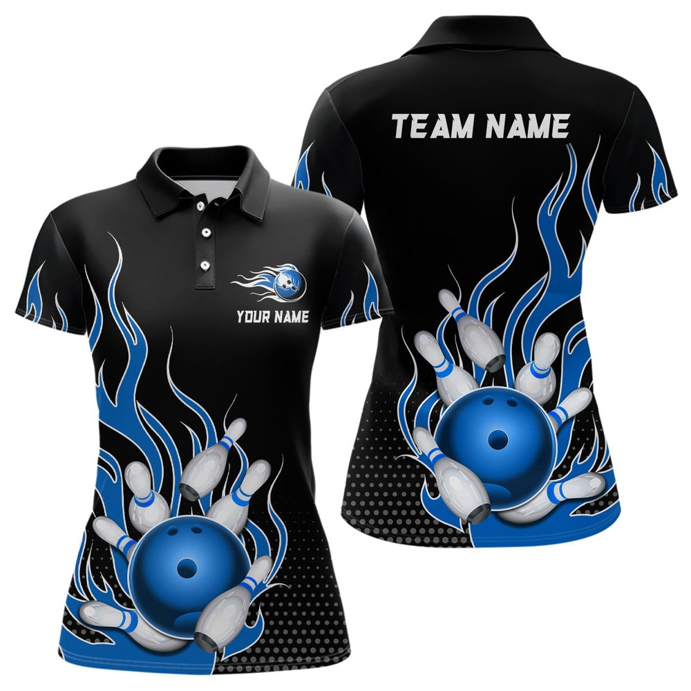 Custom Bowling Polo Shirts, Blue Flame Bowling Polo Shirts For Men And Women Custom Bowling Team Jerseys Unisex