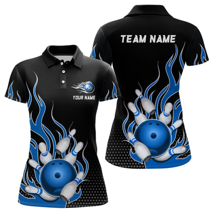 Custom Bowling Polo Shirts, Blue Flame Bowling Polo Shirts For Men And Women Custom Bowling Team Jerseys Unisex
