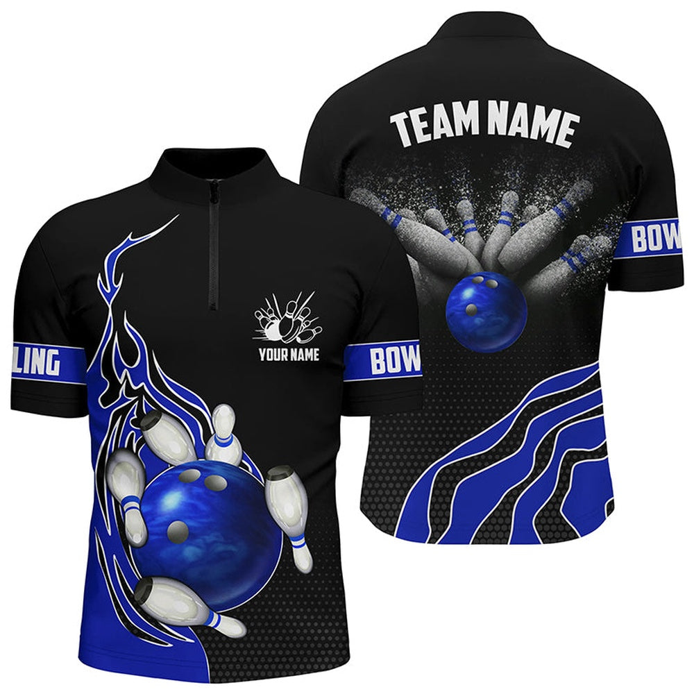 Custom Bowling Polo Shirts, Blue Flame Bowling Polo Shirts For Men Bowling Ball, Custom Bowling Team Jerseys Bowler Outfits