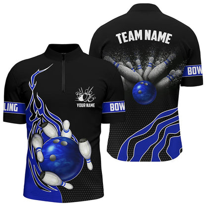 Custom Bowling Polo Shirts, Blue Flame Bowling Polo Shirts For Men Bowling Ball, Custom Bowling Team Jerseys Bowler Outfits