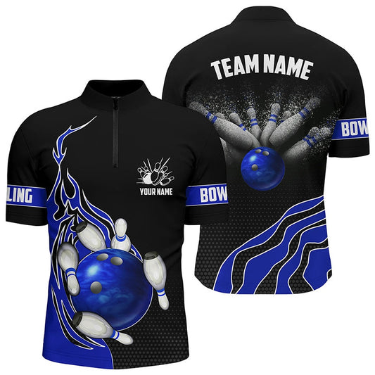 Custom Bowling Polo Shirts, Blue Flame Bowling Polo Shirts For Men Bowling Ball, Custom Bowling Team Jerseys Bowler Outfits