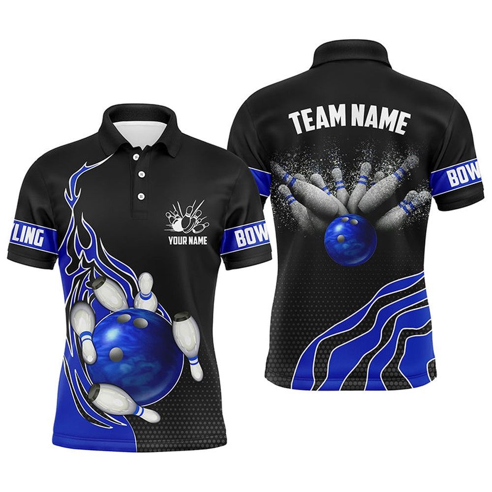Custom Bowling Polo Shirts, Blue Flame Bowling Polo Shirts For Men Bowling Ball, Custom Bowling Team Jerseys Bowler Outfits