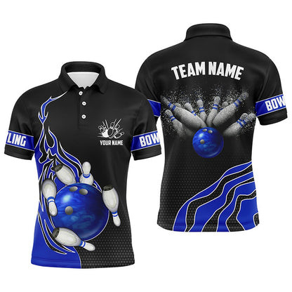 Custom Bowling Polo Shirts, Blue Flame Bowling Polo Shirts For Men Bowling Ball, Custom Bowling Team Jerseys Bowler Outfits