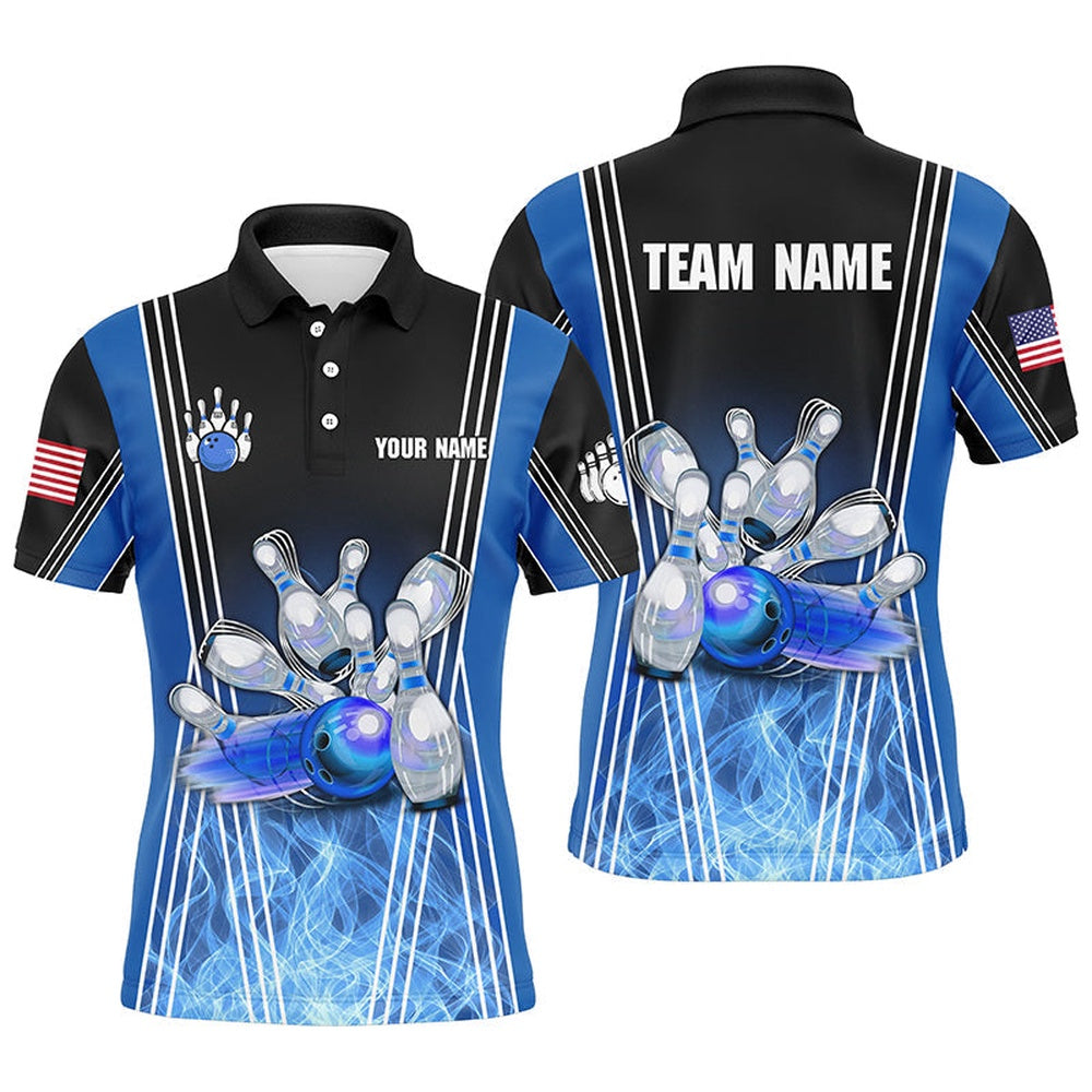 Custom Bowling Polo Shirts, Blue Flame Bowling Polo Shirts For Men Custom Team Bowling Jerseys For Men, Gift For Bowlers