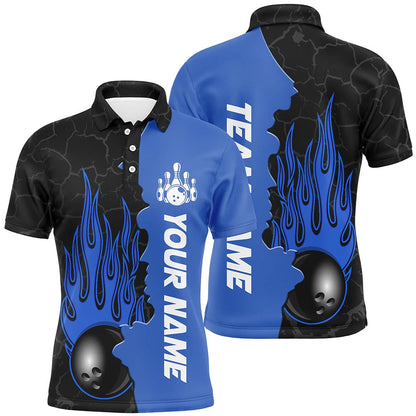 Custom Bowling Polo Shirts, Blue Flame Bowling Polo Shirts Men & Women Custom Bowling Team League Jerseys