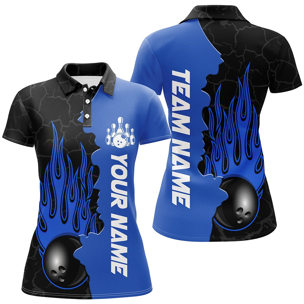 Custom Bowling Polo Shirts, Blue Flame Bowling Polo Shirts Men & Women Custom Bowling Team League Jerseys
