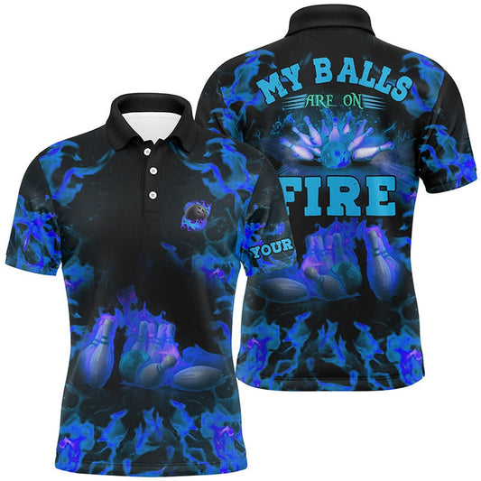 Custom Bowling Polo Shirts, Blue Flame Bowling Shirt Custom Name My Balls Are On Fire Bowling Polo Shirts For Men, Bowling Jerseys