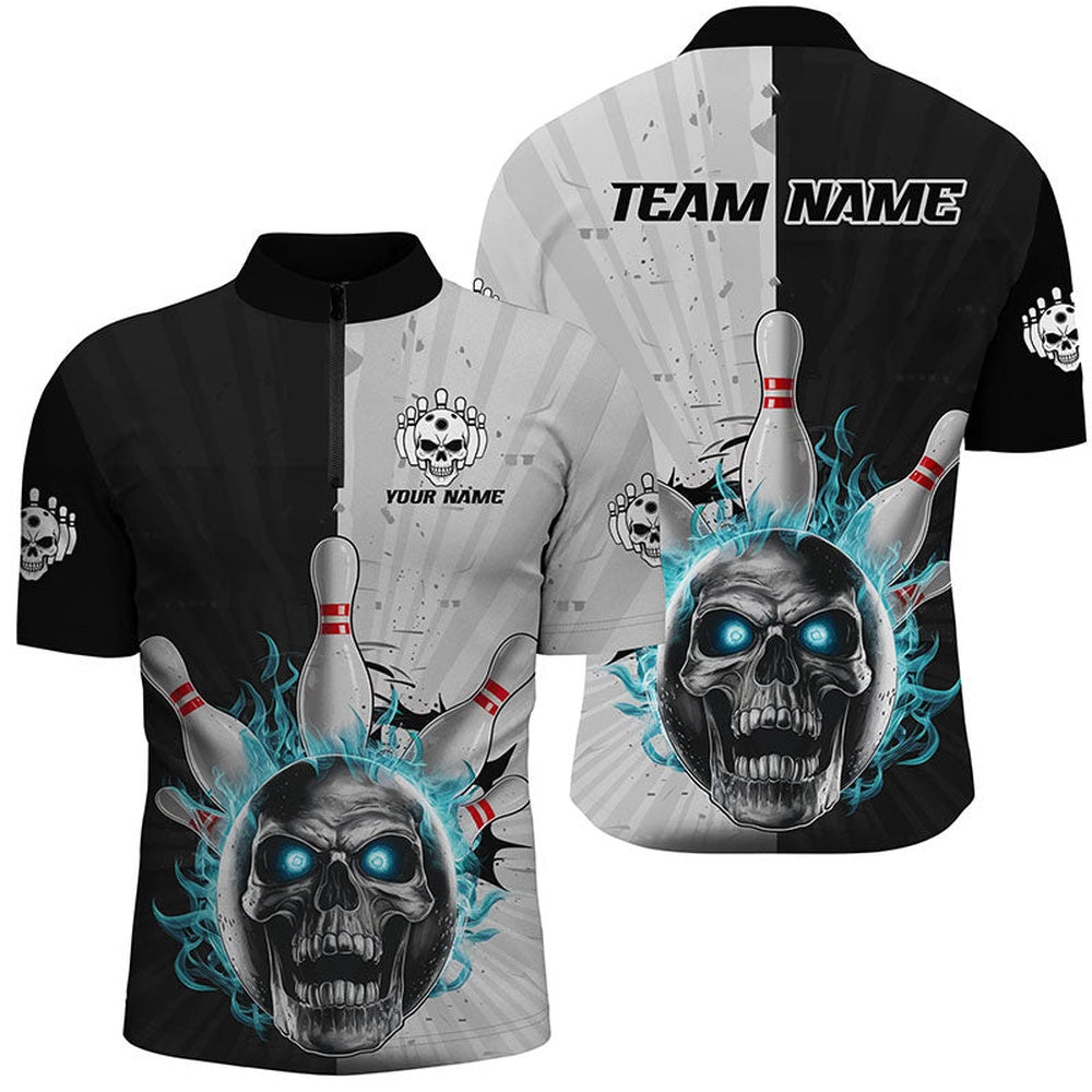 Custom Bowling Polo Shirts, Blue Flame Custom Skull Bowling Shirt, Vintage Team Bowling Shirts For Men