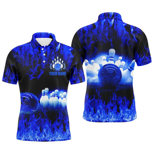 Custom Bowling Polo Shirts, Blue Flame Mens Polo Bowling Shirts, Personalized Men'S Bowling Jerseys, Bowling Team Jerseys