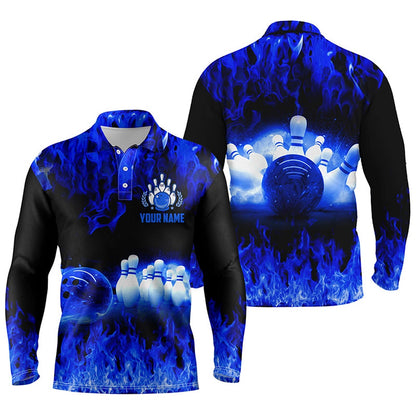 Custom Bowling Polo Shirts, Blue Flame Mens Polo Bowling Shirts, Personalized Men'S Bowling Jerseys, Bowling Team Jerseys