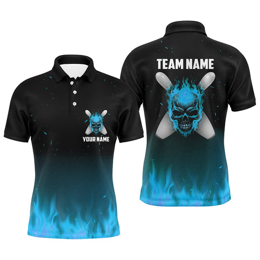 Custom Bowling Polo Shirts, Blue Flame Skull Bowling Polo Shirts Men Personalized Team Bowling Jerseys Halloween Outfits