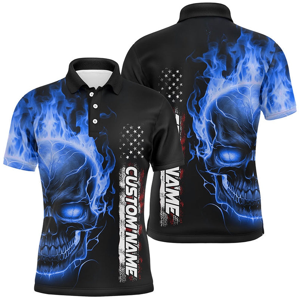 Custom Bowling Polo Shirts, Blue Flame Skull Custom Bowling Polo Shirts For Men And Women, American Bowling Team Jerseys