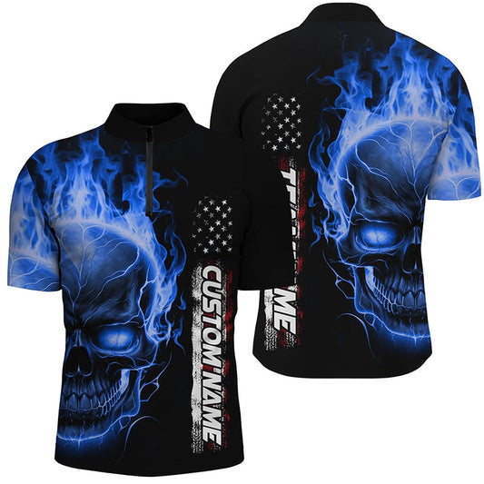 Custom Bowling Polo Shirts, Blue Flame Skull Custom Bowling Zip Shirts For Men And Women, American Bowling Team Jerseys