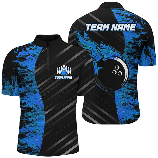 Custom Bowling Polo Shirts, Blue Flames Bowling Jersey Men Women Custom Bowling Polo Shirt For Team