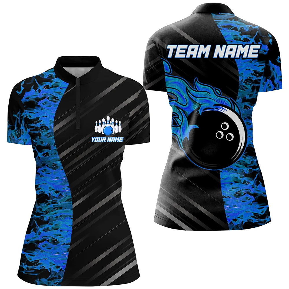 Custom Bowling Polo Shirts, Blue Flames Bowling Jersey Men Women Custom Bowling Polo Shirt For Team