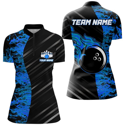 Custom Bowling Polo Shirts, Blue Flames Bowling Jersey Men Women Custom Bowling Polo Shirt For Team