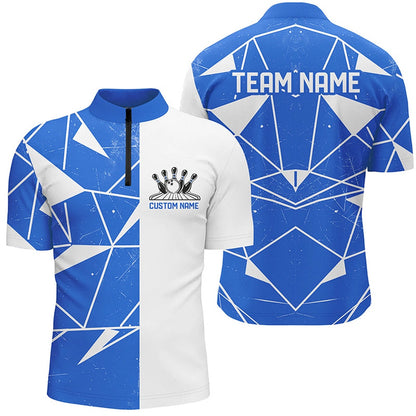 Custom Bowling Polo Shirts, Blue Geometric Custom Unisex Bowling Team Shirts, Bowling Jerseys For Bowlers