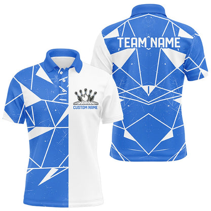 Custom Bowling Polo Shirts, Blue Geometric Custom Unisex Bowling Team Shirts, Bowling Jerseys For Bowlers