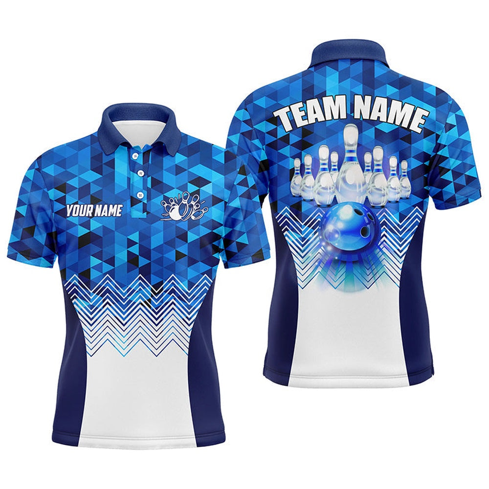 Custom Bowling Polo Shirts, Blue Geometric Pattern Bowling Ball And Pins Custom Men Bowling Polo Shirts, Team Bowling Jersey