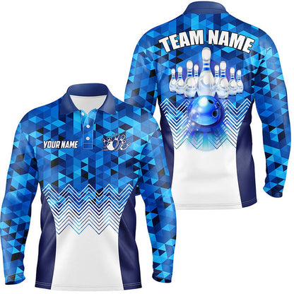 Custom Bowling Polo Shirts, Blue Geometric Pattern Bowling Ball And Pins Custom Men Bowling Polo Shirts, Team Bowling Jersey