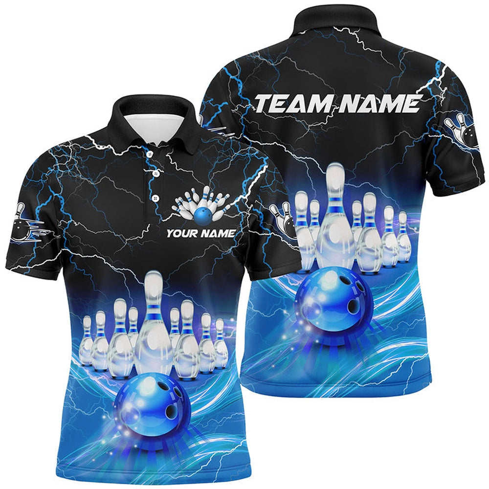 Custom Bowling Polo Shirts, Blue Light Lightning Thunder Mens Bowling Polo Shirts Custom Team Bowling Jerseys, Gift For Bowlers