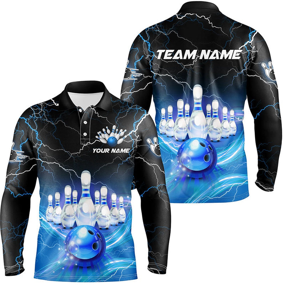 Custom Bowling Polo Shirts, Blue Light Lightning Thunder Mens Bowling Polo Shirts Custom Team Bowling Jerseys, Gift For Bowlers