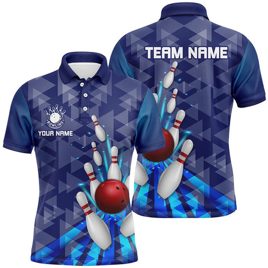 Custom Bowling Polo Shirts, Blue Light Triangle Pattern Mens Bowling Shirts Custom Bowling Camo Team Jerseys, Gift For Bowlers