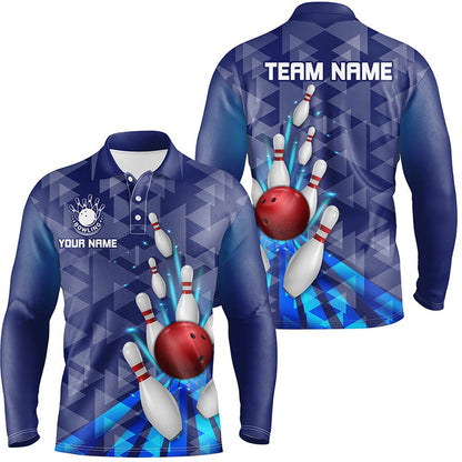 Custom Bowling Polo Shirts, Blue Light Triangle Pattern Mens Bowling Shirts Custom Bowling Camo Team Jerseys, Gift For Bowlers