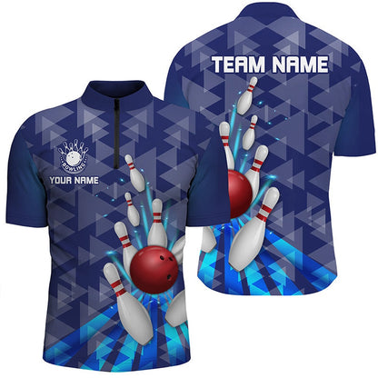 Custom Bowling Polo Shirts, Blue Light Triangle Pattern Mens Bowling Shirts Custom Bowling Camo Team Jerseys, Gift For Bowlers