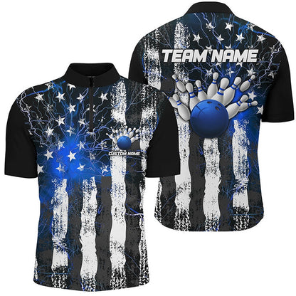 Custom Bowling Polo Shirts, Blue Lightning American Flag Custom Unisex Bowling Team Jerseys, Patriotic Bowling Team Shirts