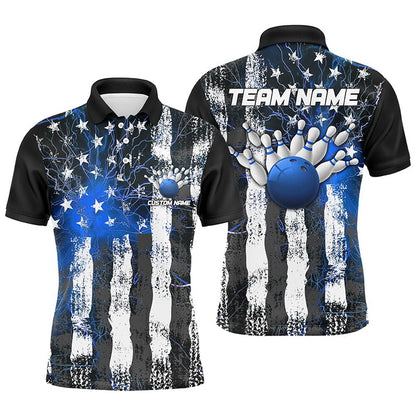 Custom Bowling Polo Shirts, Blue Lightning American Flag Custom Unisex Bowling Team Jerseys, Patriotic Bowling Team Shirts