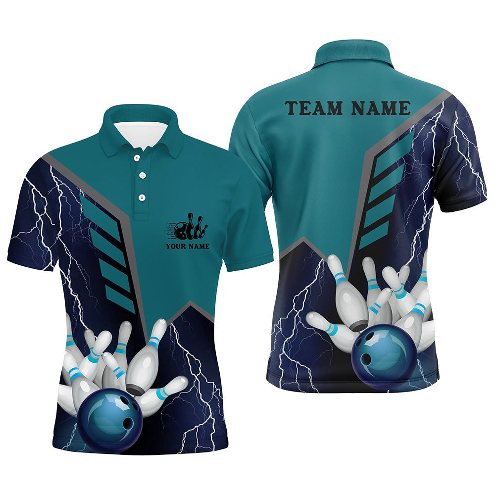 Custom Bowling Polo Shirts, Blue Lightning Men'S Bowling Polo Shirt Custom Name Mens Bowlers Jersey, Team Bowling Gifts