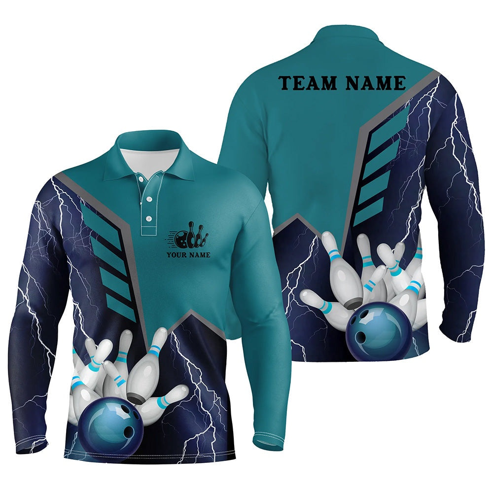Custom Bowling Polo Shirts, Blue Lightning Men'S Bowling Polo Shirt Custom Name Mens Bowlers Jersey, Team Bowling Gifts